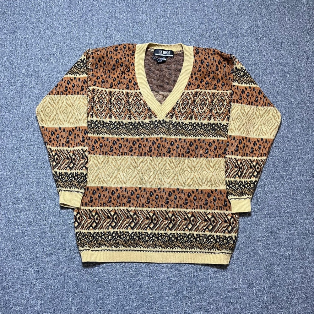 Vintage SK Wear Sweater Small Brown Leopard Fair‎ Isle V-Neck Knit 90s Retro